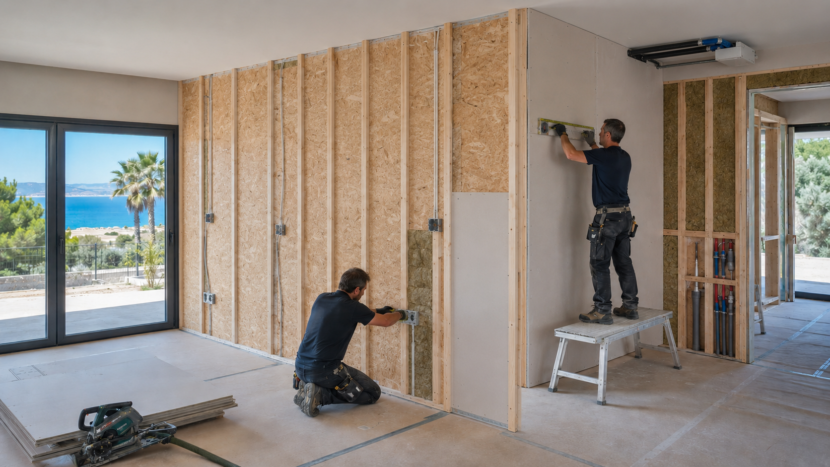 Interior SIP service cavity with electrical installation and partial plasterboard lining