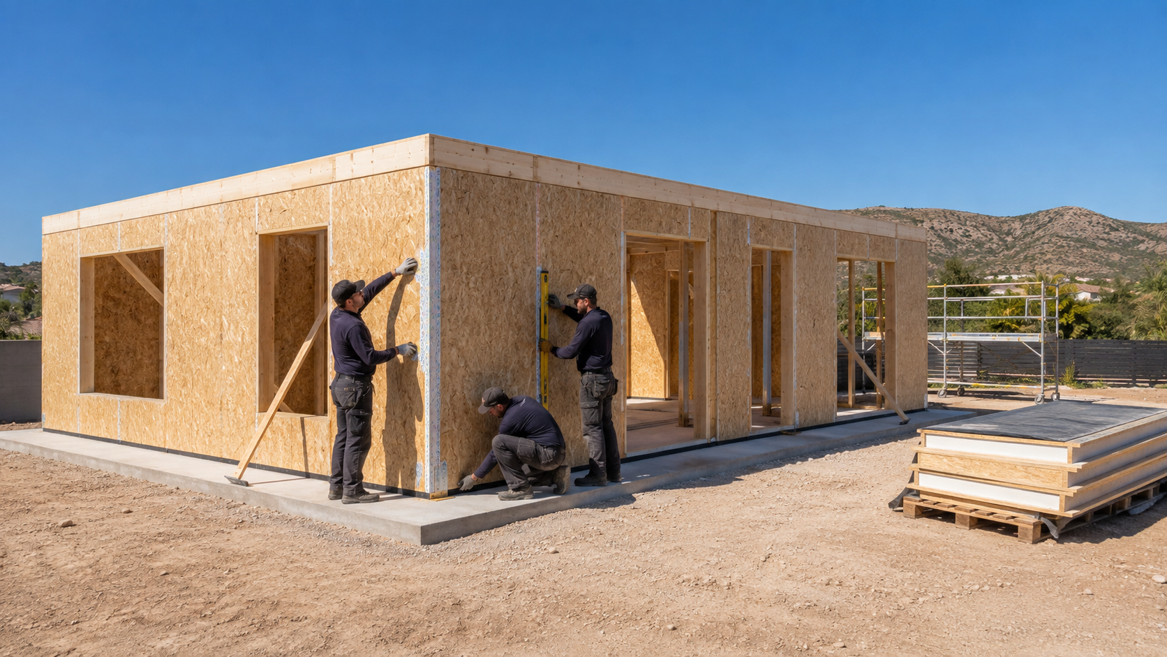 SIP house shell under construction with sealed panel joints and temporary bracing