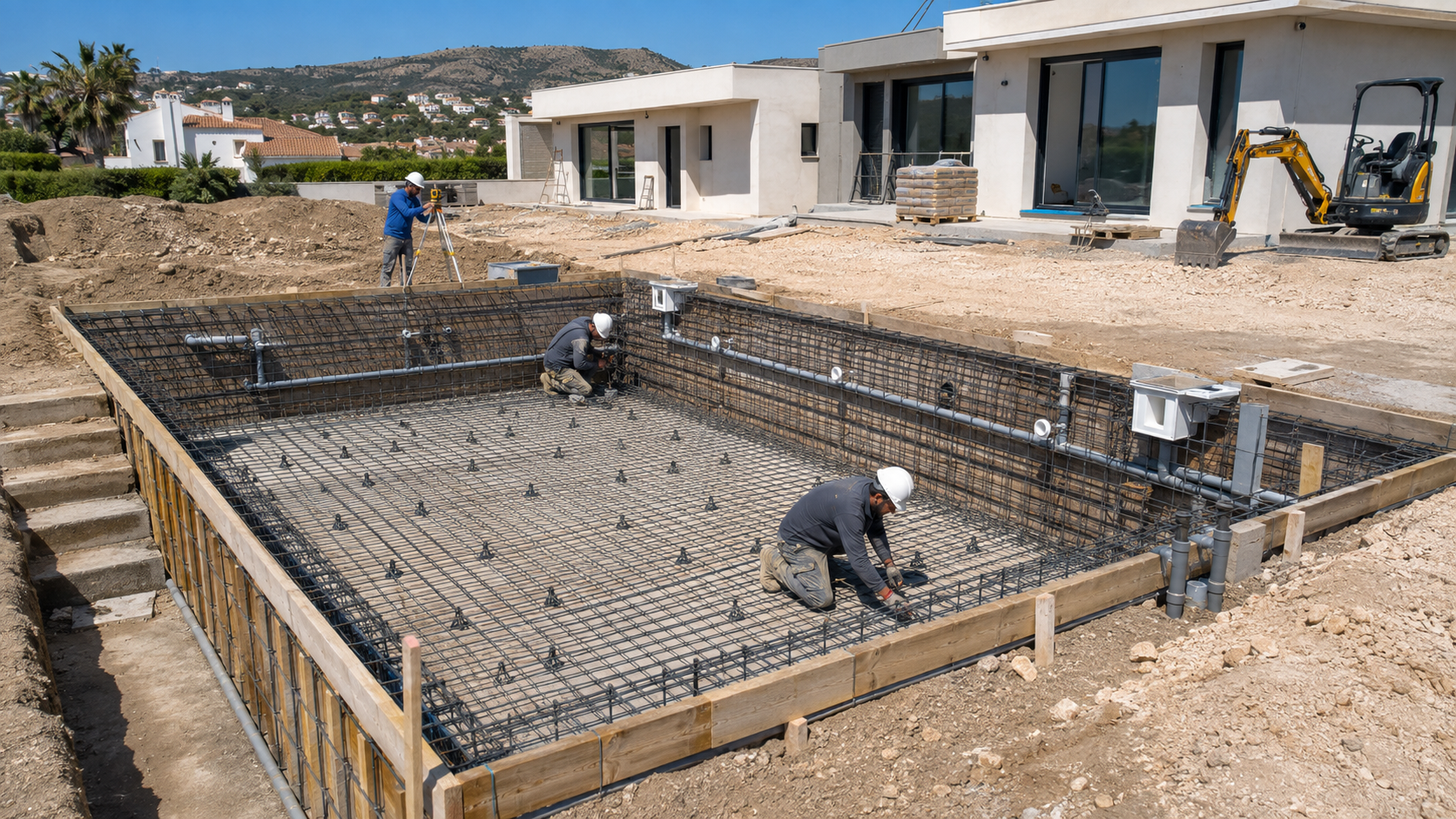 Reinforced concrete swimming pool construction with steel cage and hydraulic pipework