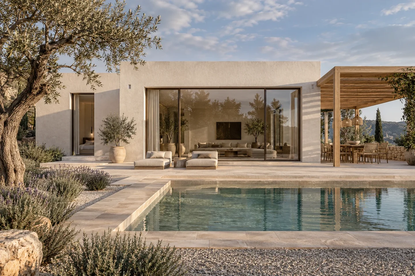 Viveo Build architectural concept with a sheltered terrace and pool