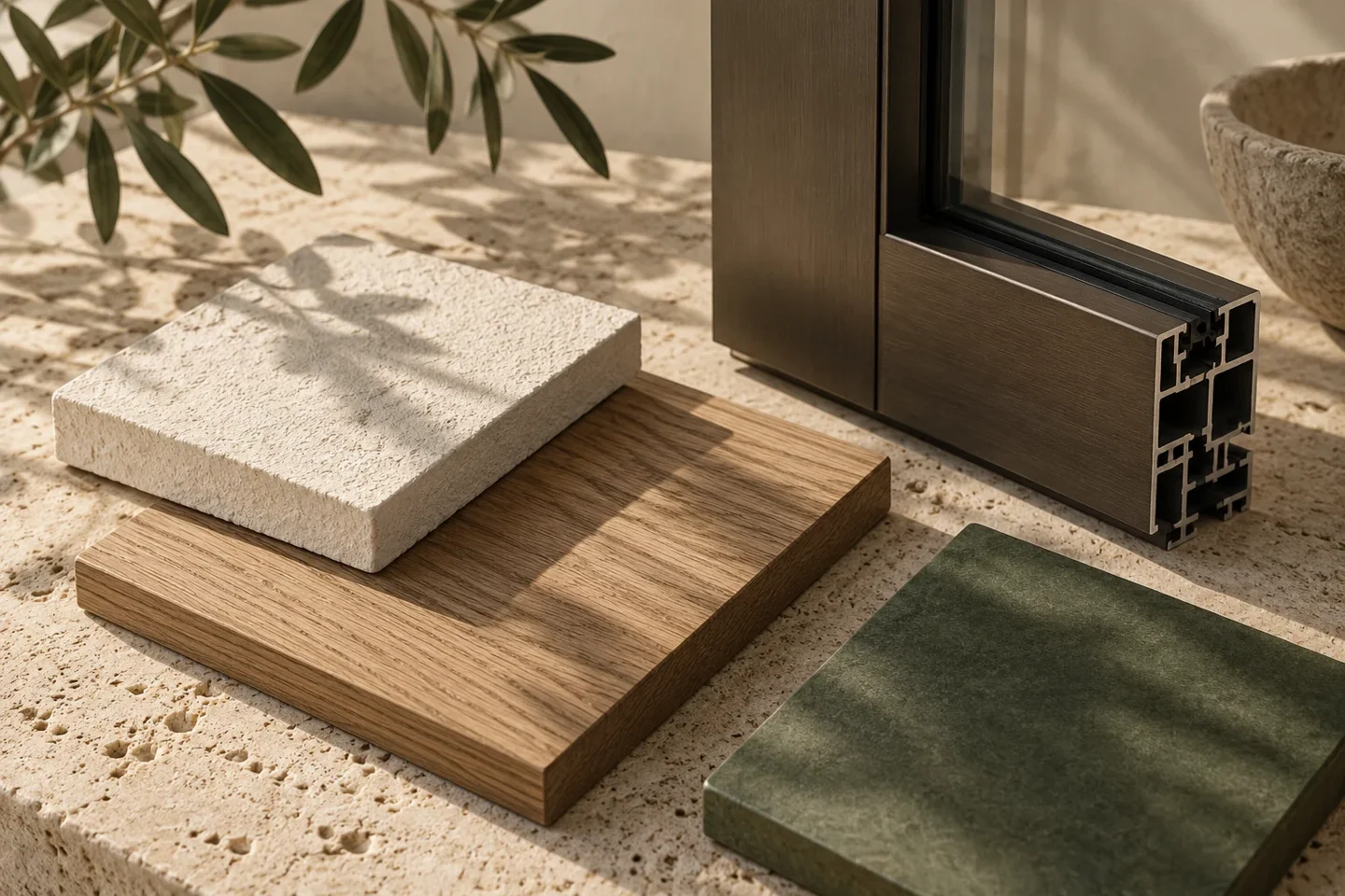 Stone, timber, glazing and muted green finish palette