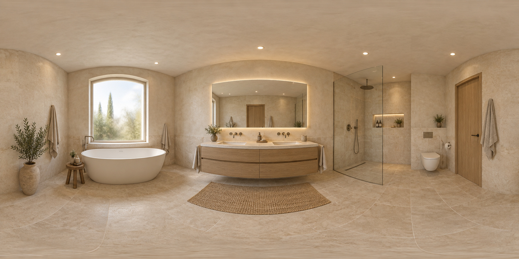 Illustrative bathroom panorama with a floating oak vanity, bathtub and walk-in shower
