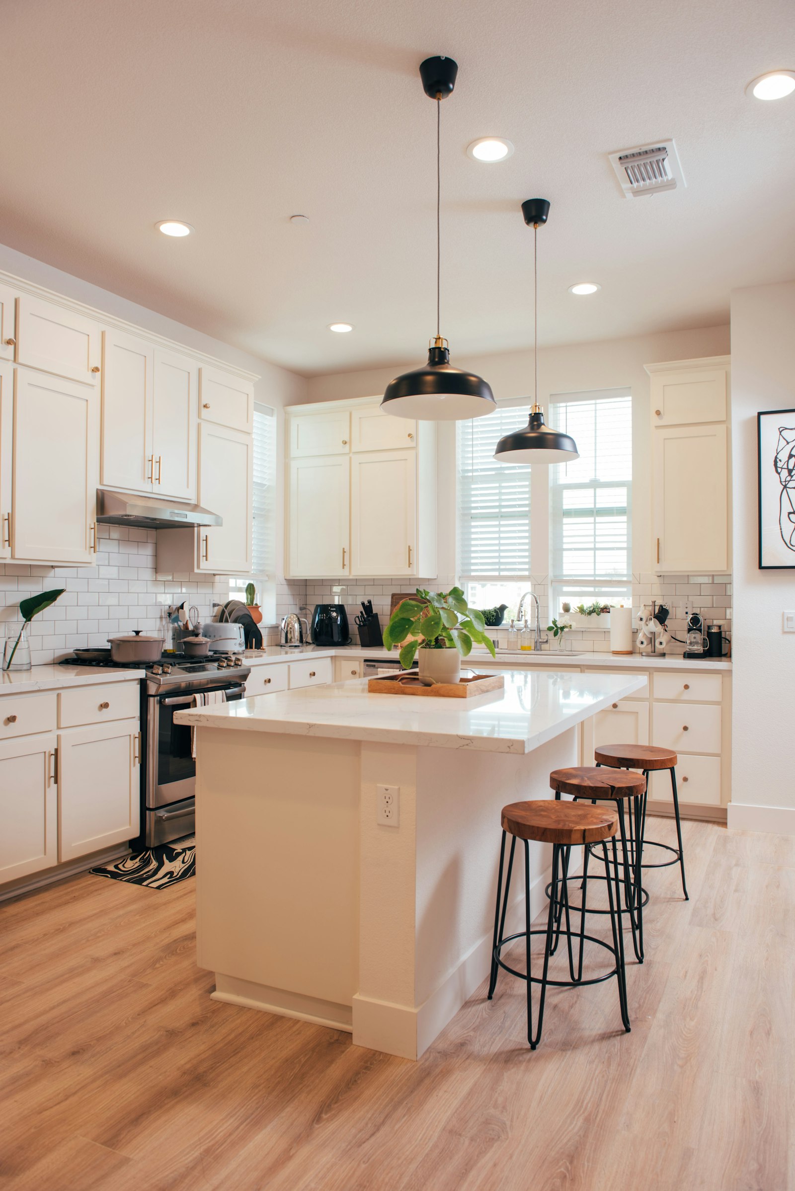 Bright kitchen with timber seating and natural light