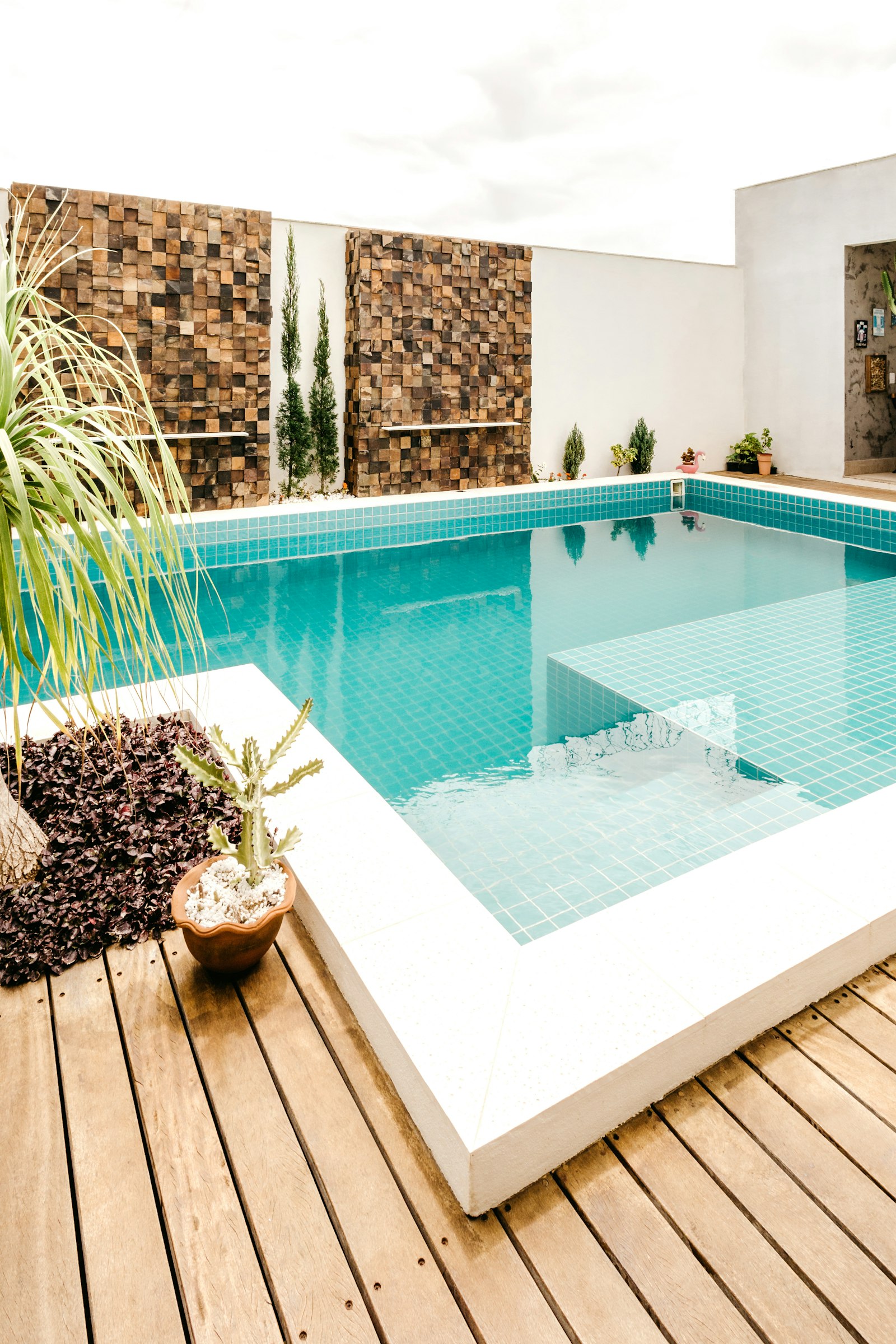 Pool terrace with timber decking and plants